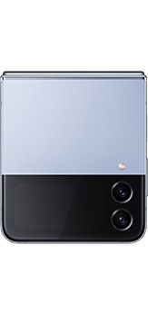 View the specifications of the Samsung Galaxy Z Flip 4 5G in Blue folded and seen from the Front Cover.