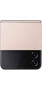 Get the specs of the Samsung Galaxy Z Flip4 5G in Pink Gold folded and seen from the Front Cover.