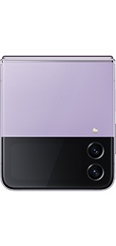 View the specs of the Samsung Galaxy Z Flip4 5G in Bora Purple folded and seen from the Front Cover.