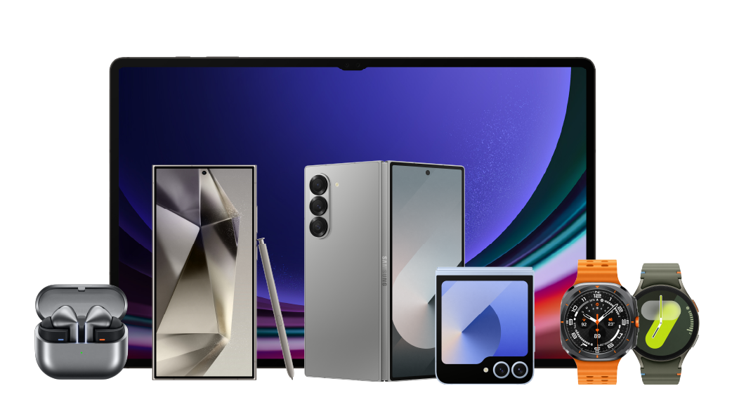 A Bundle of Galaxy products including the Galaxy Tab S9 Ultra, Galaxy Watch6, Galaxy S23 Ultra, a folded Galaxy Z Fold5, a folded Galaxy Z Flip5 and a Galaxy A34.