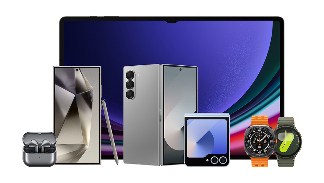 A Bundle of Galaxy products including the Galaxy Tab S9 Ultra, Galaxy Watch6, Galaxy S23 Ultra, a folded Galaxy Z Fold5, a folded Galaxy Z Flip5 and a Galaxy A34.
