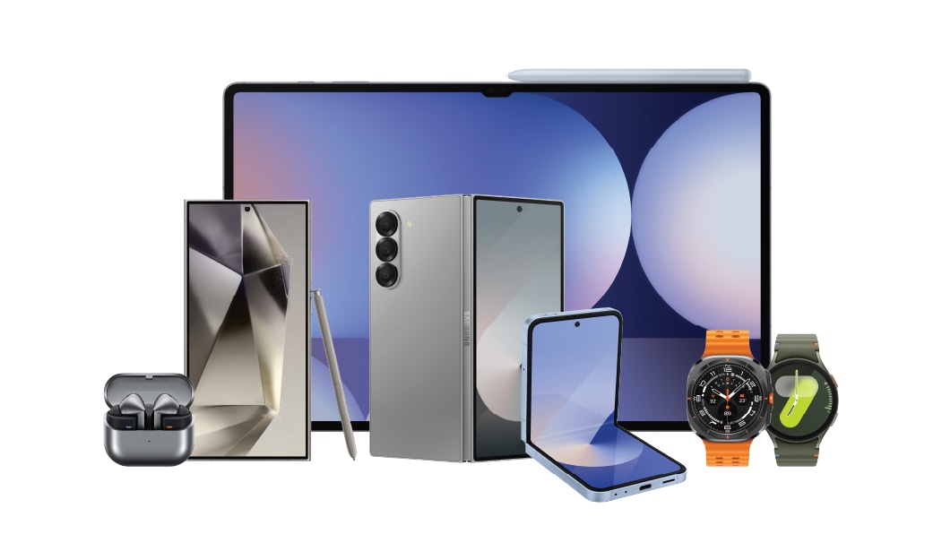 A Bundle of Galaxy products including the Galaxy Tab S9 Ultra, Galaxy Watch6, Galaxy S23 Ultra, a folded Galaxy Z Fold5, a folded Galaxy Z Flip5 and a Galaxy A34.