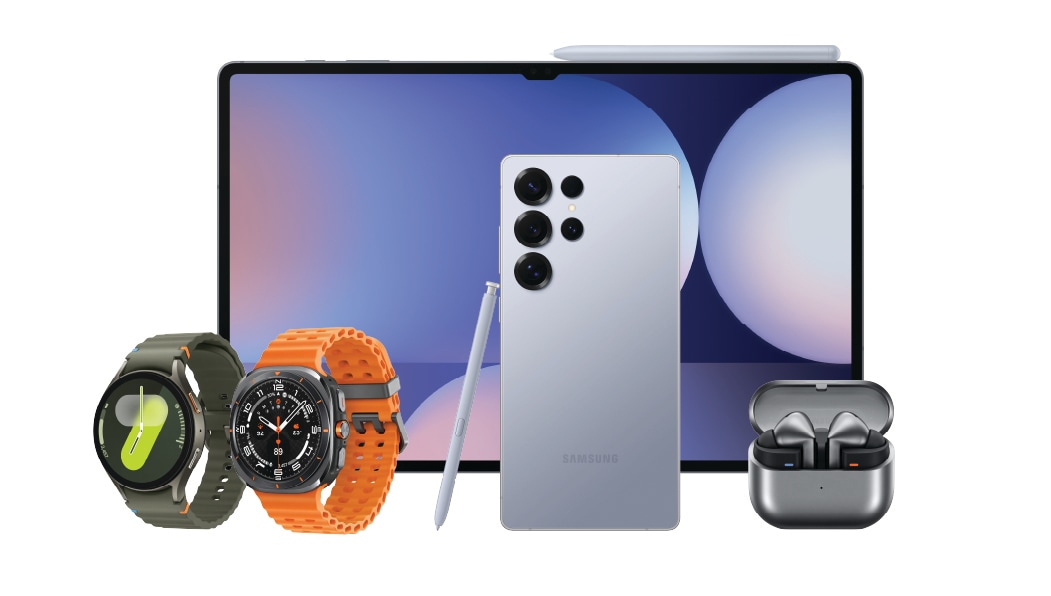 A Bundle of Galaxy products including the Galaxy Tab S9 Ultra, Galaxy Watch6, Galaxy S23 Ultra, a folded Galaxy Z Fold5, a folded Galaxy Z Flip5 and a Galaxy A34.