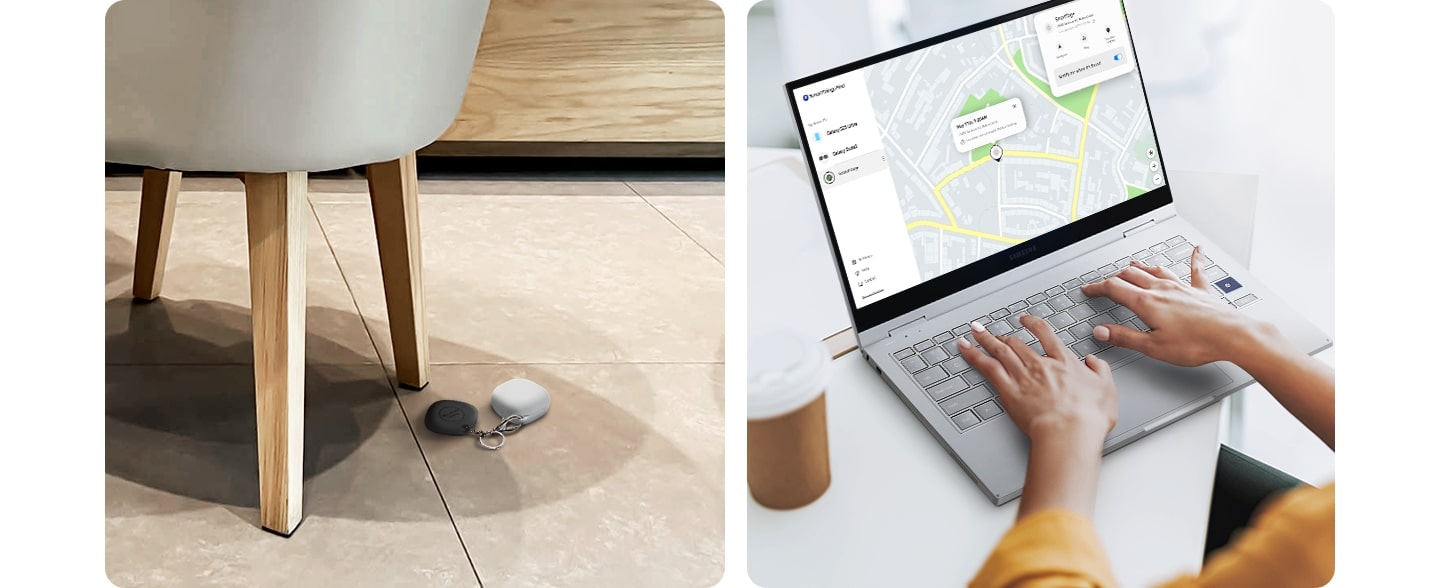 Na levi je na tleh pri stolu prikazan element s SmartTag napravo. Na desni je oseba, ki uporablja prenosni računalnik za iskanje SmartTag naprave s funkcijo SmartThings Find.