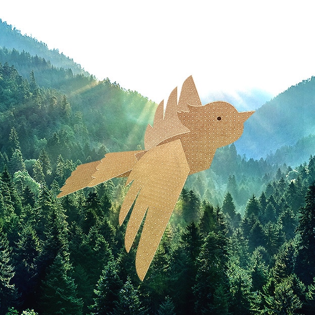Kartonasta ptica, ročno izdelana iz ekološke embalaže družbe Samsung, leti visoko na nebu nad prostranim, s soncem obsijanim gozdom.