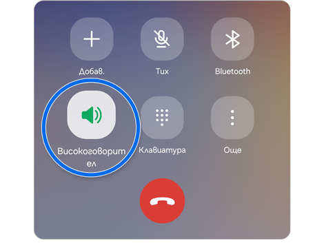 Екран на обаждане на телефон Samsung Galaxy, показващ опции за високоговорител, заглушаване и клавиатура.