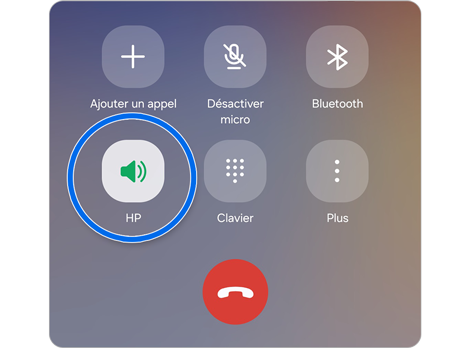 Écran d'appel sur un téléphone Samsung Galaxy montrant les options Haut-parleur, Muet et Clavier.