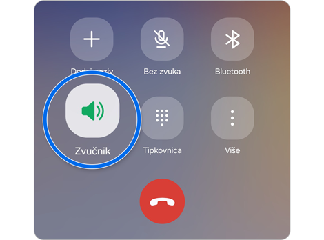 Ekran poziva na Samsung Galaxy telefonu koji prikazuje opcije Zvučnik, Isključi zvuk i Tasteri.