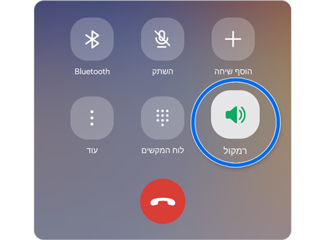 מסך שיחה בטלפון סמסונג גלקסי המציג אפשרויות רמקול, השתק ולוח מקשים.