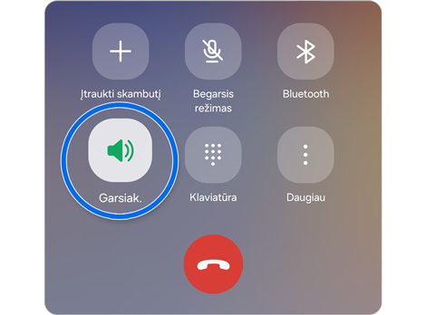 Skambinimo ekranas Samsung Galaxy telefone, rodantis Garsiakalbio, Nutildymo ir Klaviatūros parinktis.