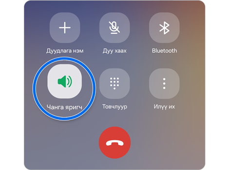 Samsung Galaxy утсанд дуудлагын дэлгэц, Спикер, Муте, Кипад сонголтуудыг харуулж байна.