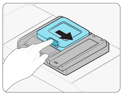 The detergent dispenser cap is being opened by pushing the detergent dispenser catch to the right