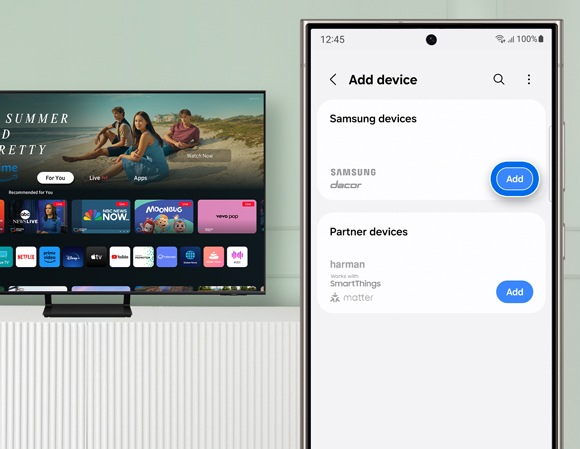 SmartThings app interface on a smartphone showing the Add device with a Samsung Smart TV in the background.