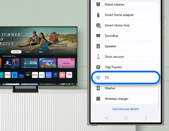 SmartThings app interface on a smartphone, showing the TV option being selected, with a Samsung Smart TV in the background.