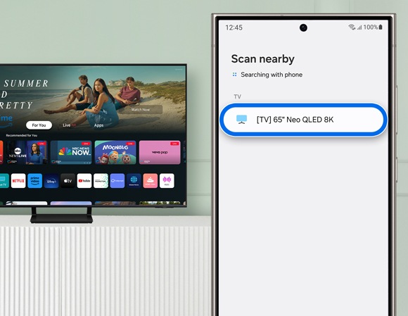 SmartThings app interface on a smartphone scanning for devices, with '[TV] 65" Neo QLED 8K' selected from the list, and a Samsung Smart TV in the background.