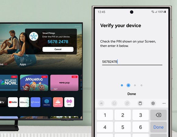 SmartThings app interface on a smartphone displaying a PIN entry screen, with a Samsung Smart TV in the background showing the PIN code.