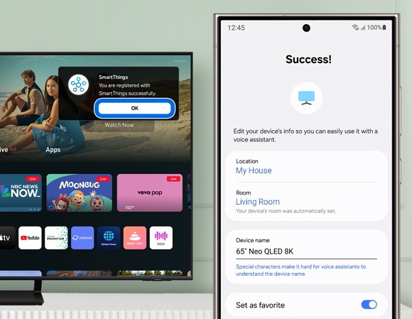 SmartThings app on a smartphone showing a successful connection message, with a Samsung Smart TV in the background displaying an OK confirmation screen.