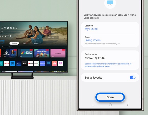 SmartThings app interface on a smartphone showing adjusted TV information, with a Samsung Smart TV in the background.