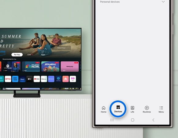 SmartThings app interface open on a smartphone, highlighting the Devices tab with a Samsung Smart TV displayed in the background.