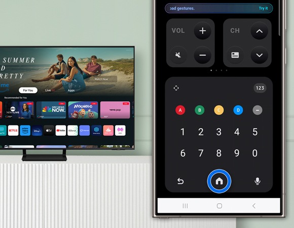 SmartThings app interface on a smartphone showing the Home icon in the center being tapped to return to the TV’s Home screen.