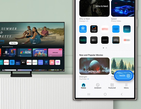 SmartThings app interface on a smartphone with the mobile remote control icon in the bottom right corner being tapped, and a Samsung Smart TV in the background.