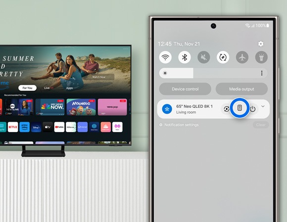 Smartphone screen displaying the Notification panel with the mobile remote control icon selected, and a Samsung Smart TV in the background.
