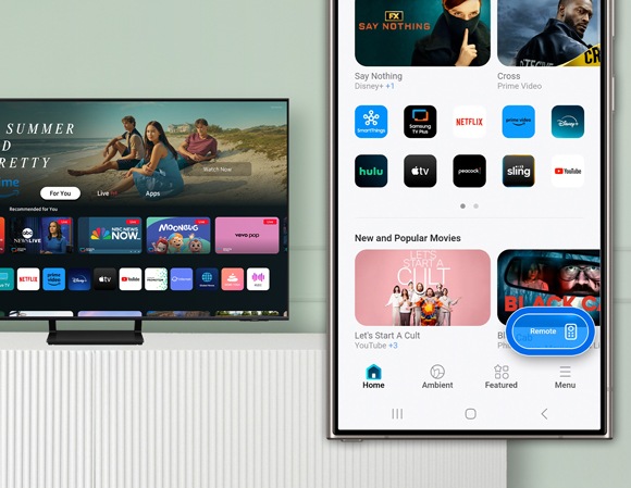 SmartThings app interface on a smartphone with the mobile remote control icon in the bottom right corner being tapped, and a Samsung Smart TV in the background.