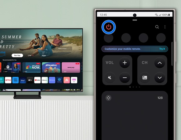 SmartThings app interface on a smartphone showing the Power icon being tapped to turn on the TV, with the mobile remote control screen expanded.