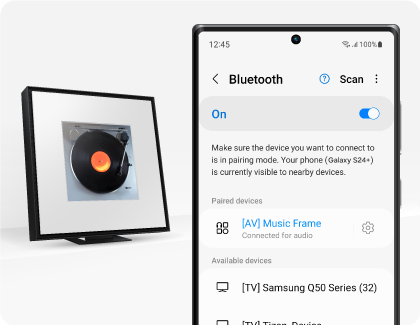 A Samsung Galaxy phone displaying the Bluetooth menu is positioned next to a Samsung Music Frame
