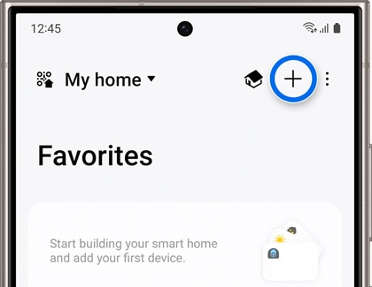 A Galaxy phone screen displaying the 'My home' section of the SmartThings app, highlighting the option to add a new device with a plus sign icon.