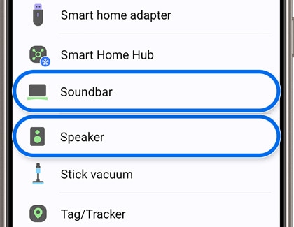 A Galaxy phone screen displaying device options in the SmartThings app, with 'Soundbar' and 'Speaker' highlighted.