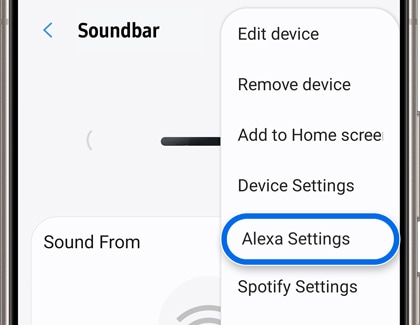 A Galaxy phone screen displaying the 'Soundbar' menu in the SmartThings app with 'Alexa Settings' highlighted.