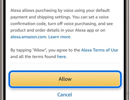 A Galaxy phone screen displaying a message about voice purchasing via Alexa, with an 'Allow' button to agree to the Alexa Terms of Use.