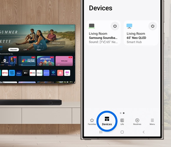 Phone displaying the SmartThings app with the Devices tab highlighted, next to a Samsung Smart TV showing the home screen.