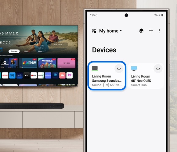 Phone screen displaying the SmartThings app with the Devices section open, highlighting the soundbar’s card for selection, next to a Samsung Smart TV.