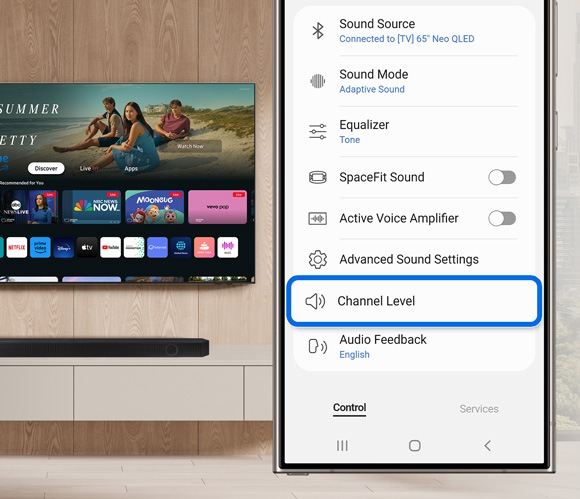 Phone screen displaying the soundbar settings menu in the SmartThings app, with 'Channel Level' highlighted for adjusting the center channel volume.