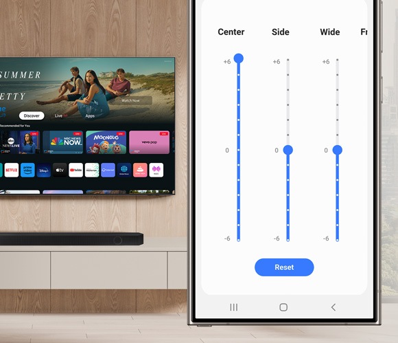 Phone screen displaying the Center channel adjustment slider in the SmartThings app, set between -6 dB and +6 dB, allowing for enhanced voice clarity.