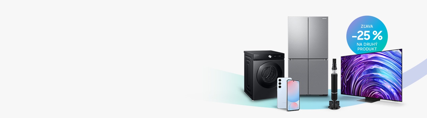 Na obrázku sú produkty Samsung – práčka, smartfón, tyčový vysávač, americká chladnička a televízor s fialovým displejom, doplnené o modrú nálepku s textom Zľava –25 % na druhý produkty