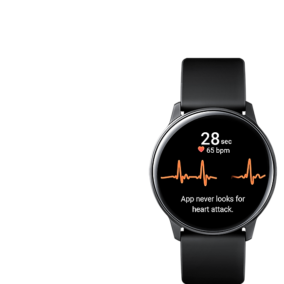 Hodinky Galaxy Watch zobrazujú výsledky merania elektrokardiogramu (EKG) s upozornením v dolnej časti: „Aplikácia nikdy nedeteguje infarkt“.