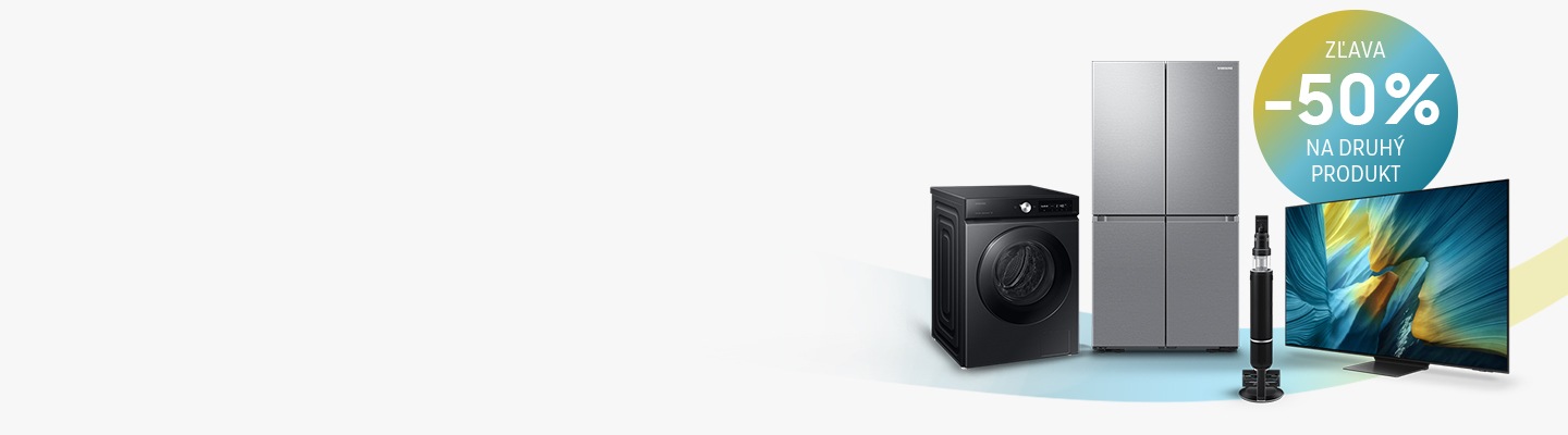 Na obrázku sú produkty Samsung – práčka, smartfón, tyčový vysávač, americká chladnička a televízor s fialovým displejom, doplnené o modrú nálepku s textom Zľava –30 % na druhý produkty