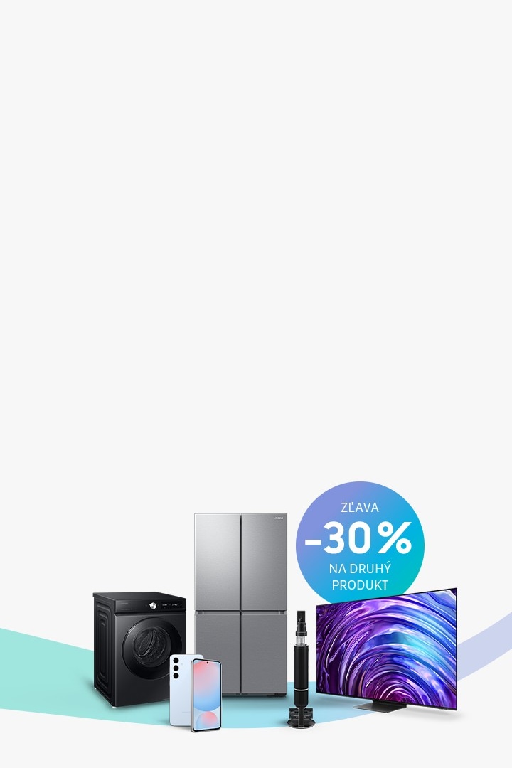 Na obrázku sú produkty Samsung – práčka, smartfón, tyčový vysávač, americká chladnička a televízor s fialovým displejom, doplnené o modrú nálepku s textom Zľava –30 % na druhý produkty