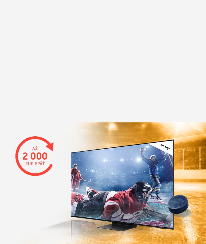 Na obrázku je hokejista vychádzajúci z obrazovky televízora a promo cashback akcia na televízory s možnosťou získať až 2 000 € späť