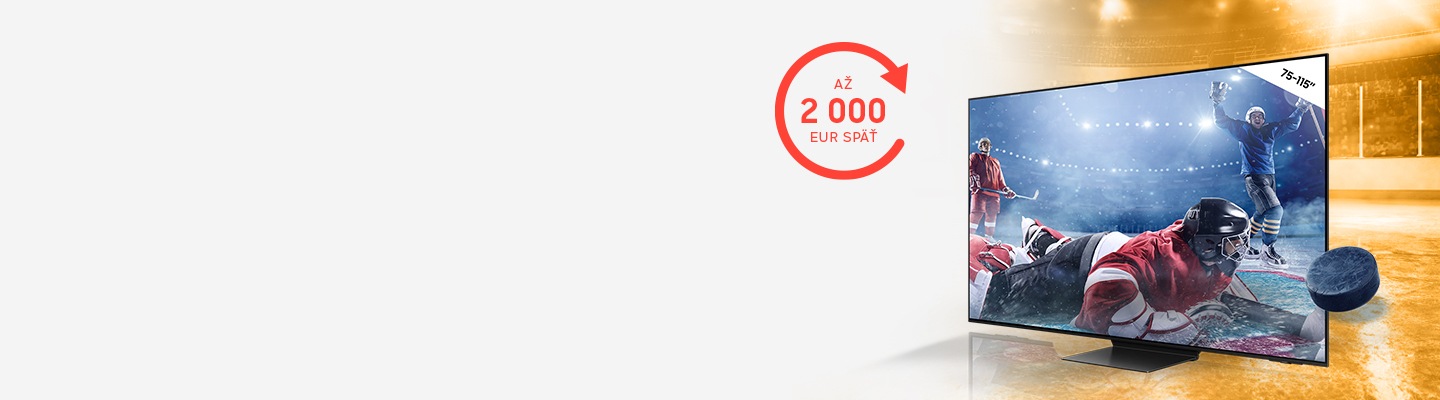 Na obrázku je hokejista vychádzajúci z obrazovky televízora a promo cashback akcia na televízory s možnosťou získať až 2 000 € späť