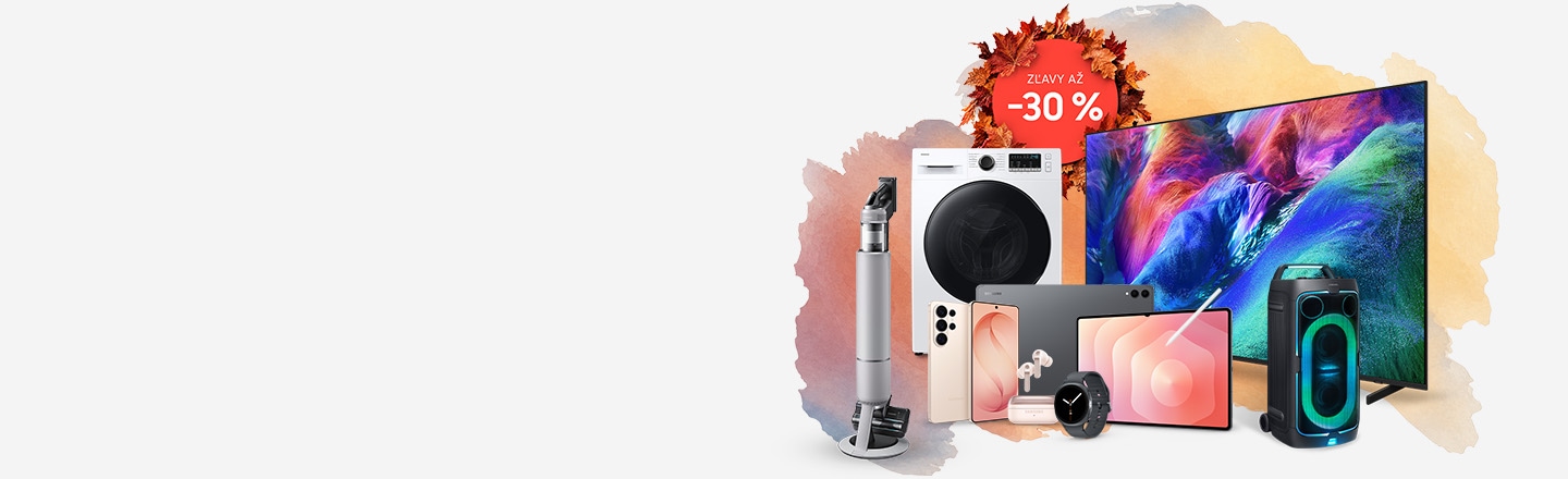 Na obrázku je kolekce různých elektronických zařízení značky Samsung – pračka, televizor, chytrý telefon, monitor, sluchátka a další – se zvýrazněnou oranžovou značkou s textem „sleva -30 %“.
