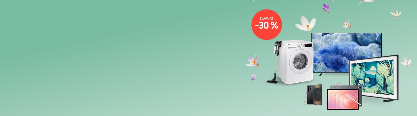 Na obrázku je kolekce různých elektronických zařízení značky Samsung – pračka, televizor, chytrý telefon, monitor, sluchátka a další – se zvýrazněnou oranžovou značkou s textem „sleva -30 %“.