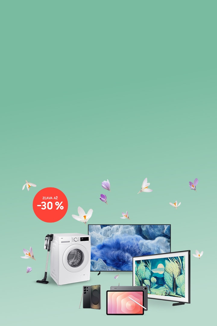 Na obrázku je kolekce různých elektronických zařízení značky Samsung – pračka, televizor, chytrý telefon, monitor, sluchátka a další – se zvýrazněnou oranžovou značkou s textem „sleva -30 %“.