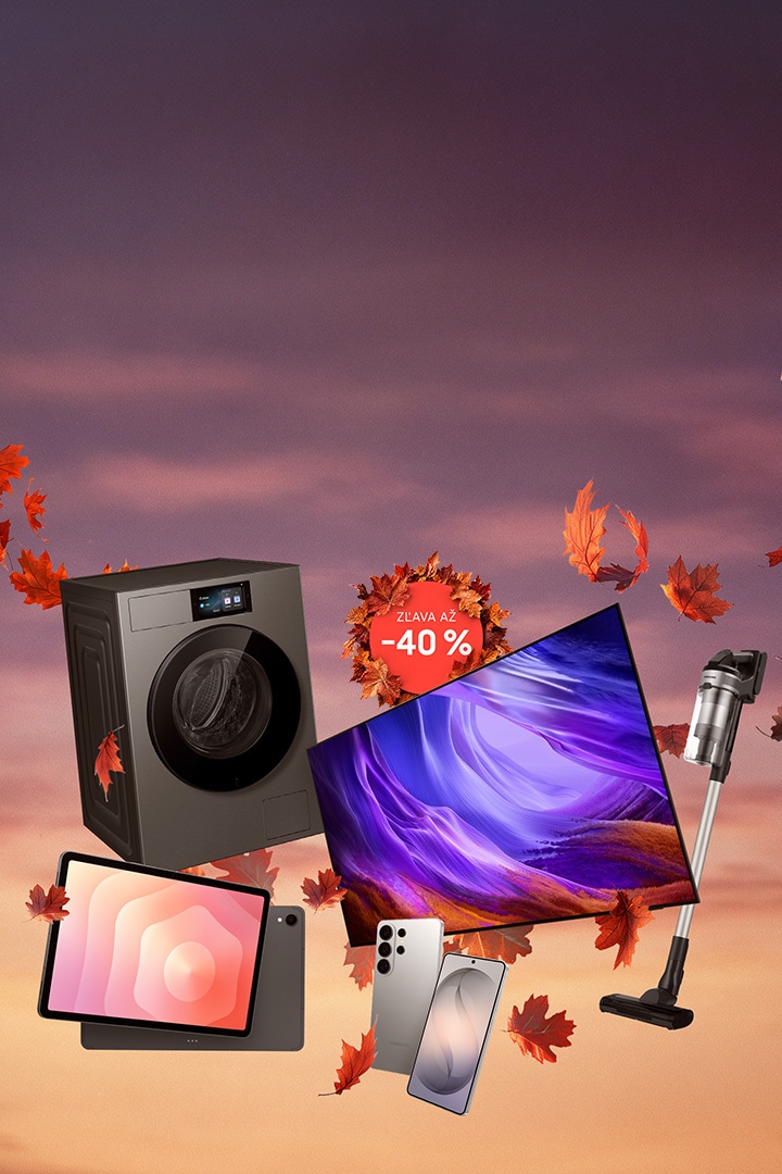 Na obrázku je kolekce různých elektronických zařízení značky Samsung – pračka, televizor, chytrý telefon, monitor, sluchátka a další – se zvýrazněnou oranžovou značkou s textem „sleva -30 %“.