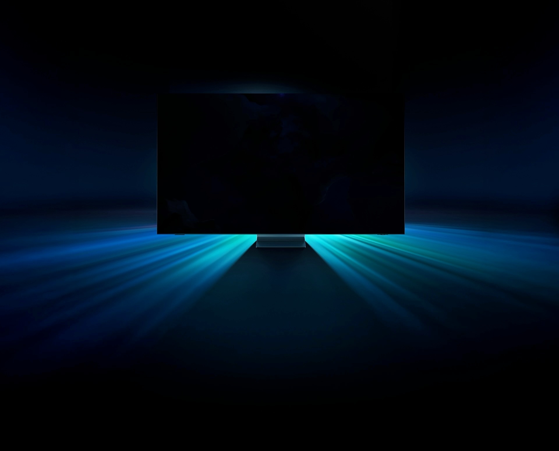 Samsung Neo QLED TV zobrazuje na obrazovke žiarivú modrú nadpozemskú krajinu. Z televízora vychádzajú jasné modré lúče svetla.