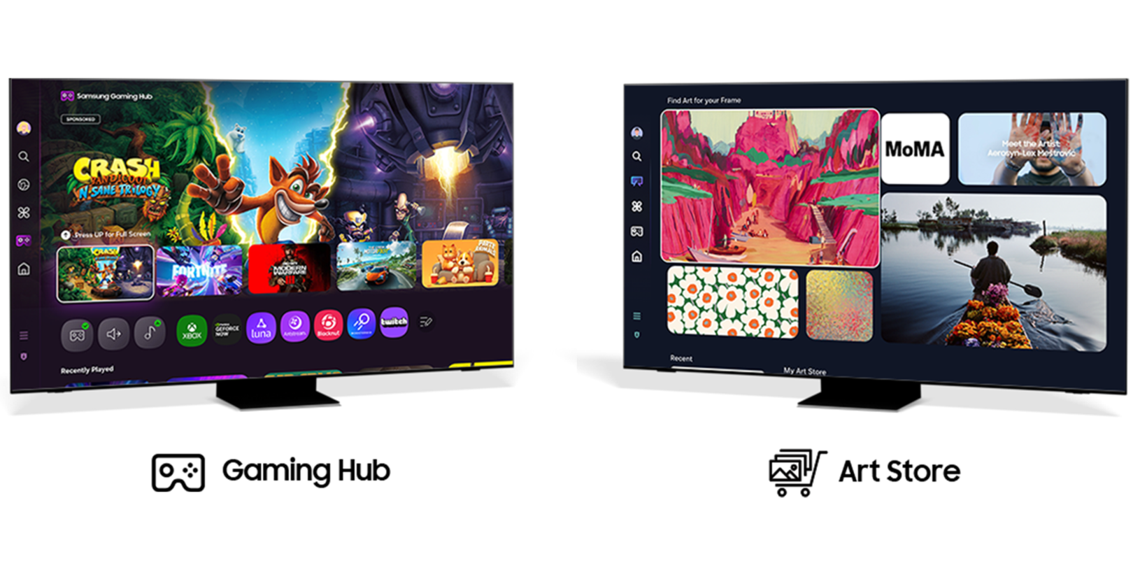 Three TVs showing the UI for Gaming Hub, Samsung TV Plus and Art Store.
