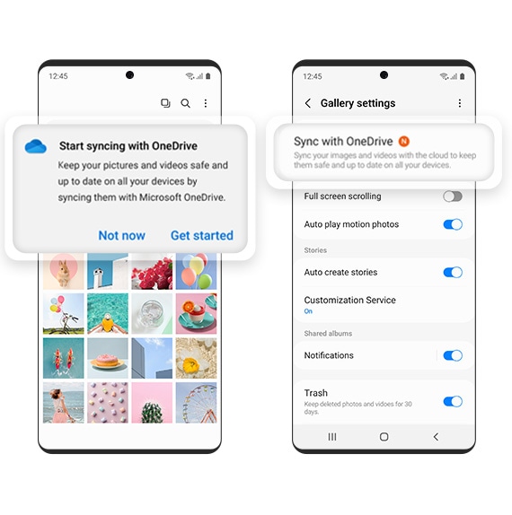 Gallery and Samsung Cloud app GUIs show options to link OneDrive.